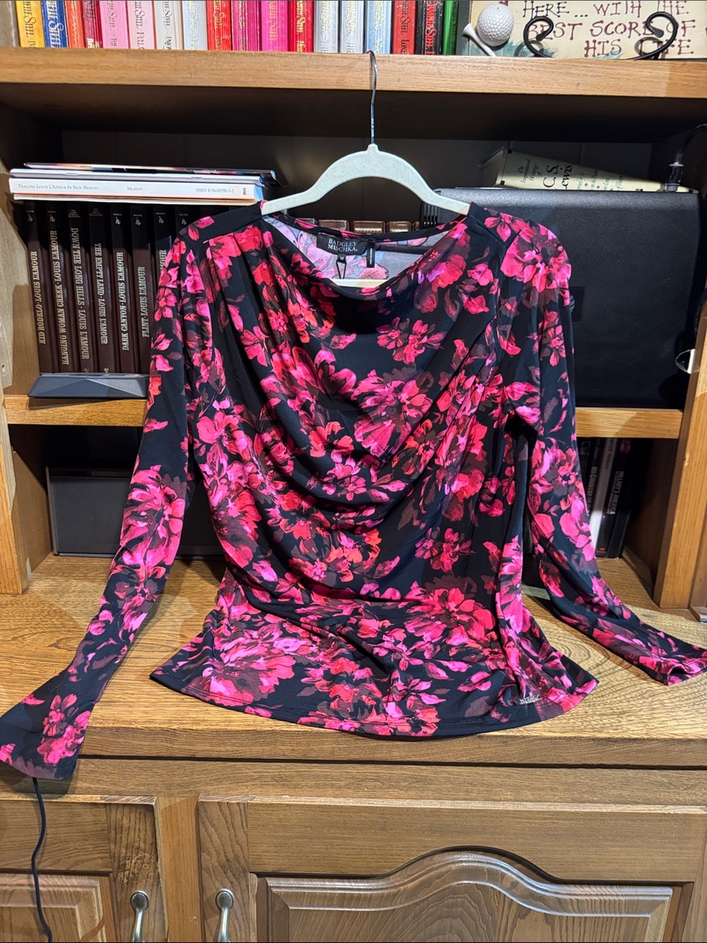 Badgley Mischka Black Long-Sleeve Drape Neck Top with Pink Floral Print
